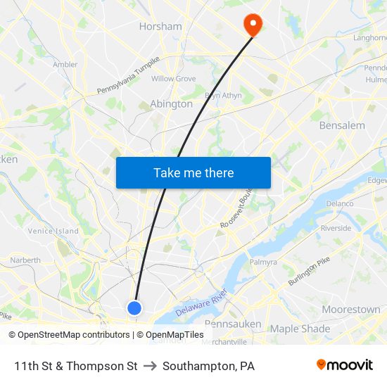 11th St & Thompson St to Southampton, PA map