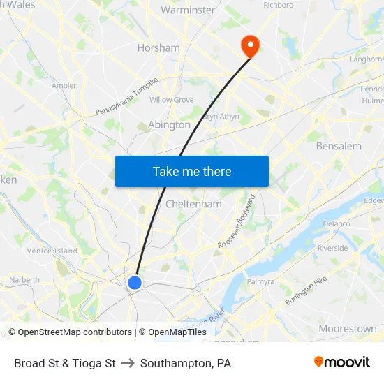 Broad St & Tioga St to Southampton, PA map