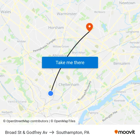 Broad St & Godfrey Av to Southampton, PA map