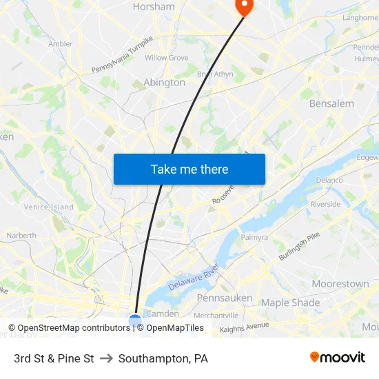 3rd St & Pine St to Southampton, PA map