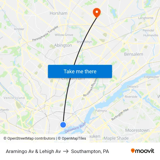 Aramingo Av & Lehigh Av to Southampton, PA map