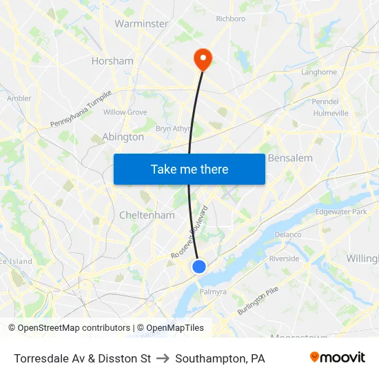 Torresdale Av & Disston St to Southampton, PA map