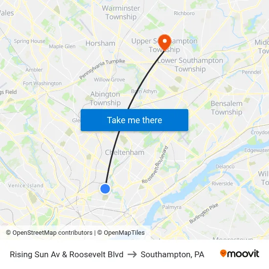 Rising Sun Av & Roosevelt Blvd to Southampton, PA map