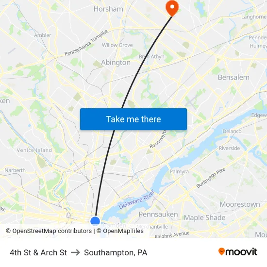 4th St & Arch St to Southampton, PA map