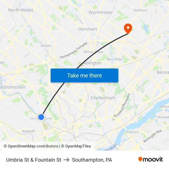 Umbria St & Fountain St to Southampton, PA map