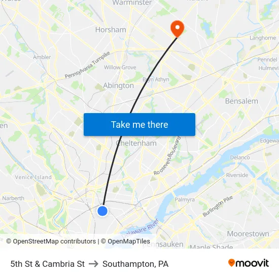 5th St & Cambria St to Southampton, PA map