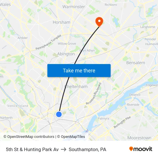 5th St & Hunting Park Av to Southampton, PA map