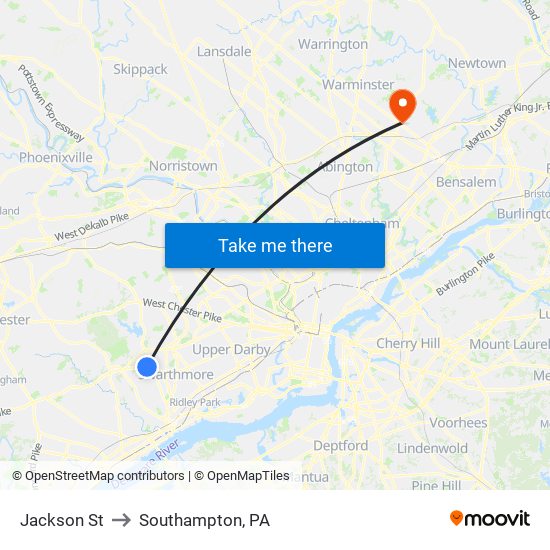 Jackson St to Southampton, PA map