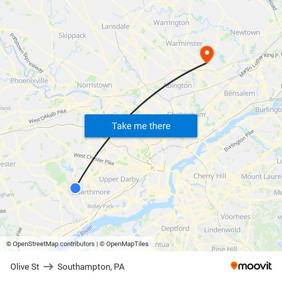 Olive St to Southampton, PA map