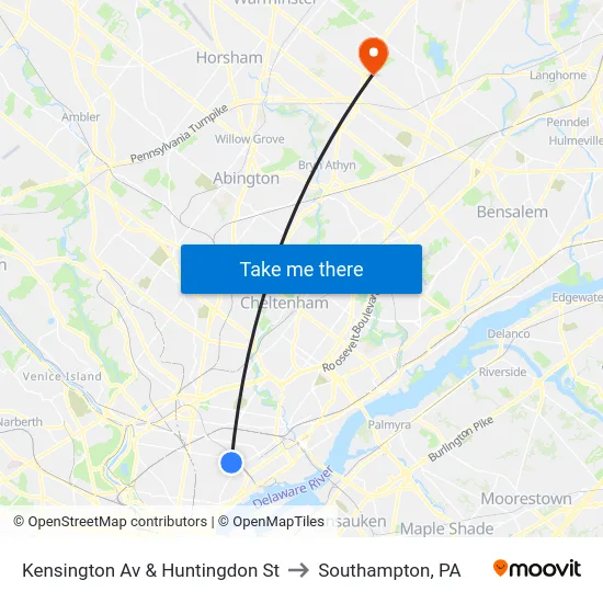 Kensington Av & Huntingdon St to Southampton, PA map
