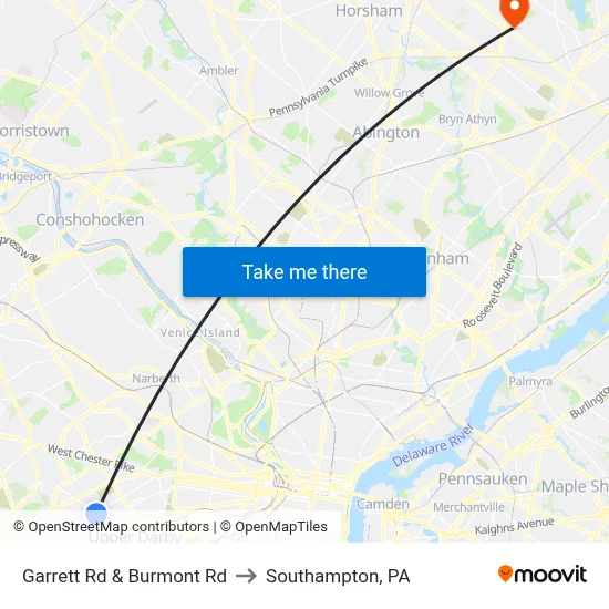 Garrett Rd & Burmont Rd to Southampton, PA map