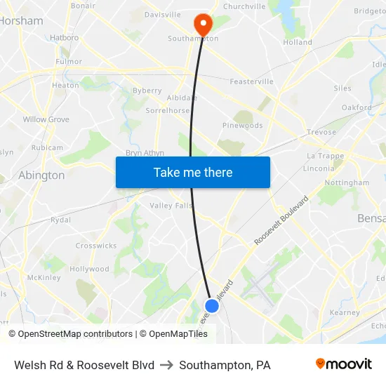 Welsh Rd & Roosevelt Blvd to Southampton, PA map
