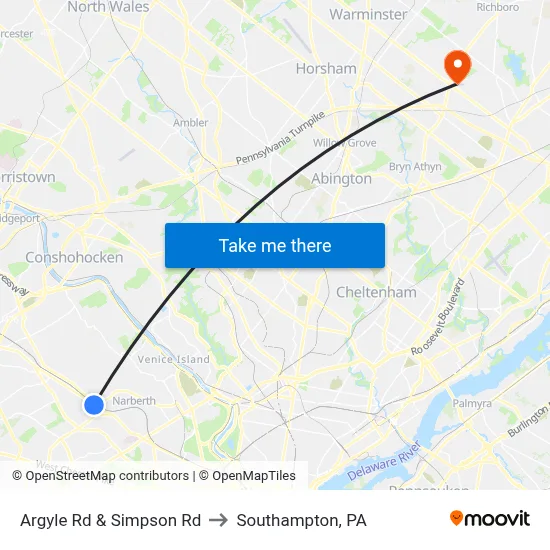 Argyle Rd & Simpson Rd to Southampton, PA map
