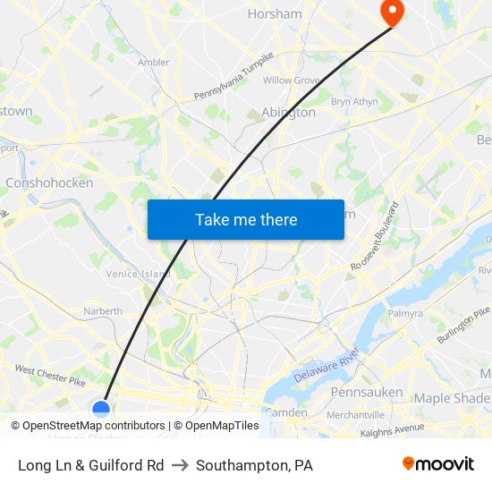 Long Ln & Guilford Rd to Southampton, PA map