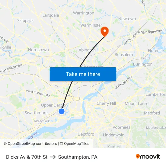 Dicks Av & 70th St to Southampton, PA map