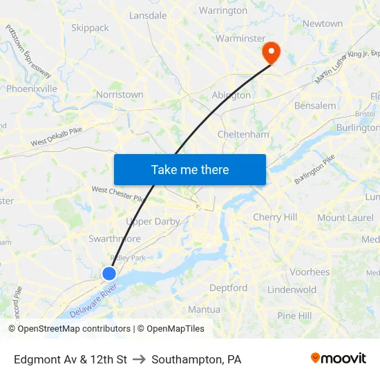 Edgmont Av & 12th St to Southampton, PA map