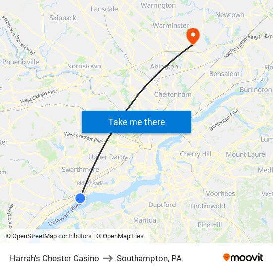 Harrah's Chester Casino to Southampton, PA map