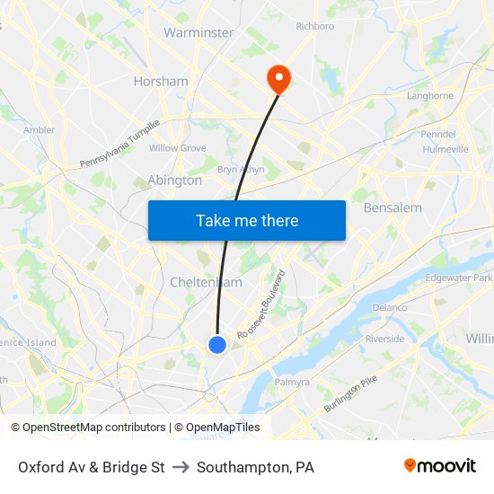 Oxford Av & Bridge St to Southampton, PA map