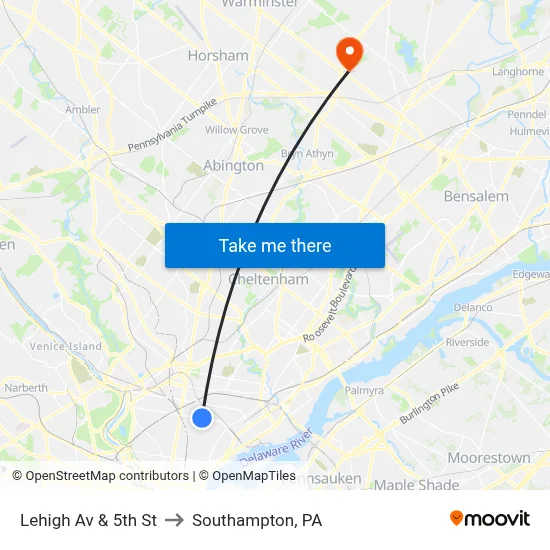 Lehigh Av & 5th St to Southampton, PA map
