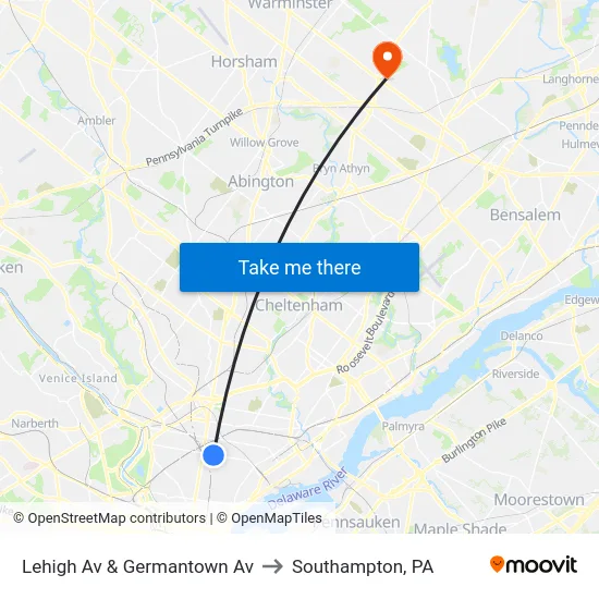 Lehigh Av & Germantown Av to Southampton, PA map