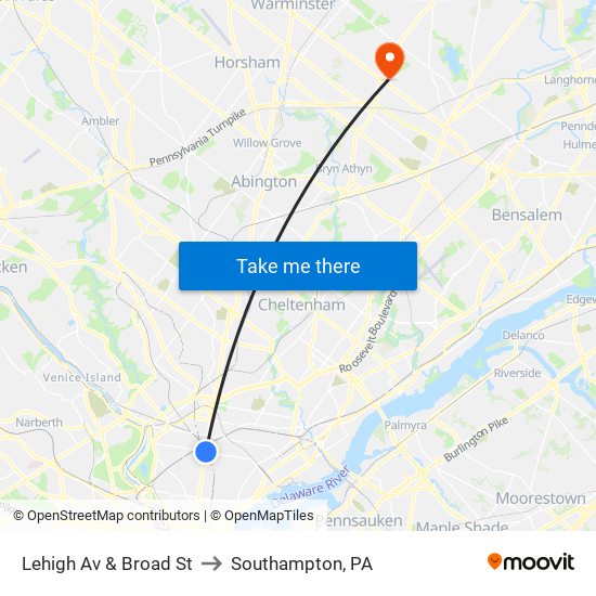 Lehigh Av & Broad St to Southampton, PA map