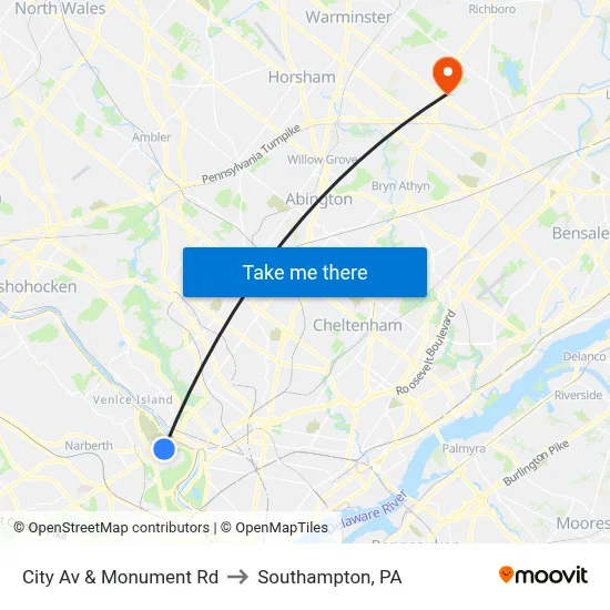 City Av & Monument Rd to Southampton, PA map
