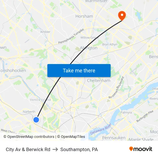 City Av & Berwick Rd to Southampton, PA map