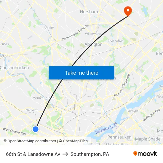 66th St & Lansdowne Av to Southampton, PA map