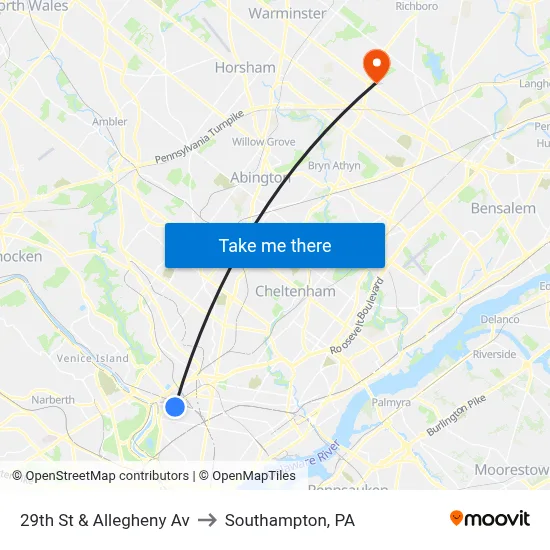 29th St & Allegheny Av to Southampton, PA map