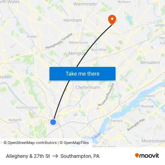 Allegheny & 27th St to Southampton, PA map