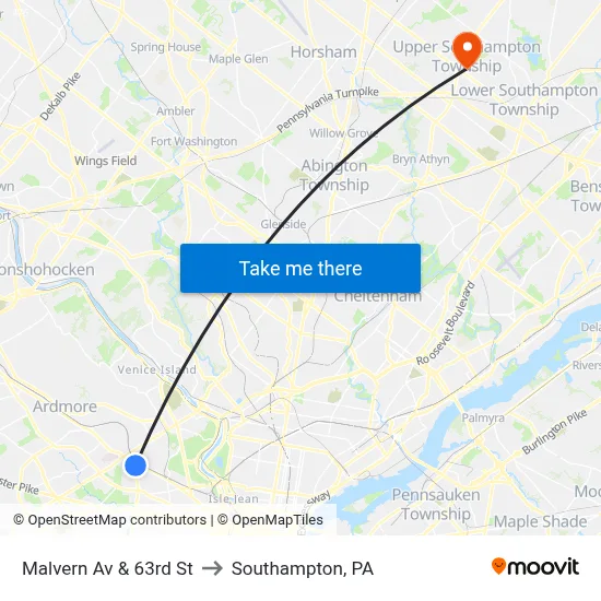 Malvern Av & 63rd St to Southampton, PA map