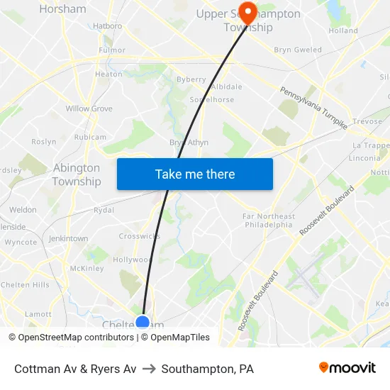 Cottman Av & Ryers Av to Southampton, PA map