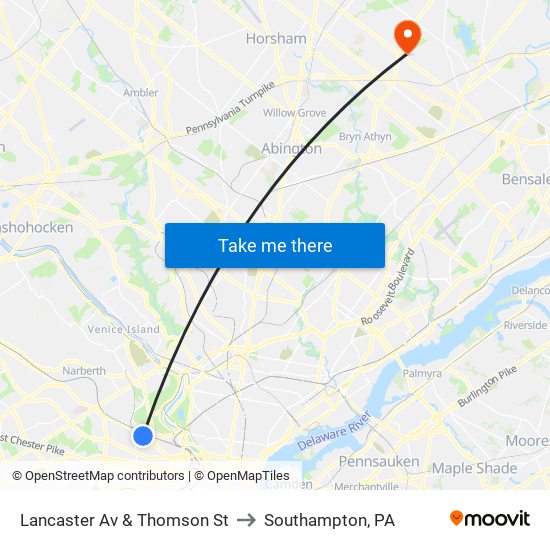 Lancaster Av & Thomson St to Southampton, PA map