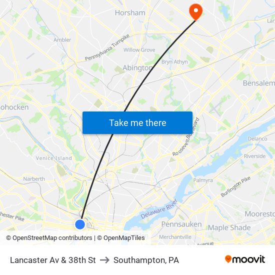 Lancaster Av & 38th St to Southampton, PA map