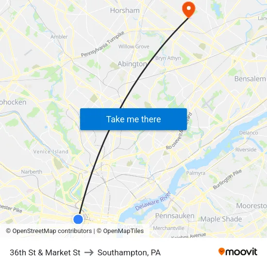 36th St & Market St to Southampton, PA map