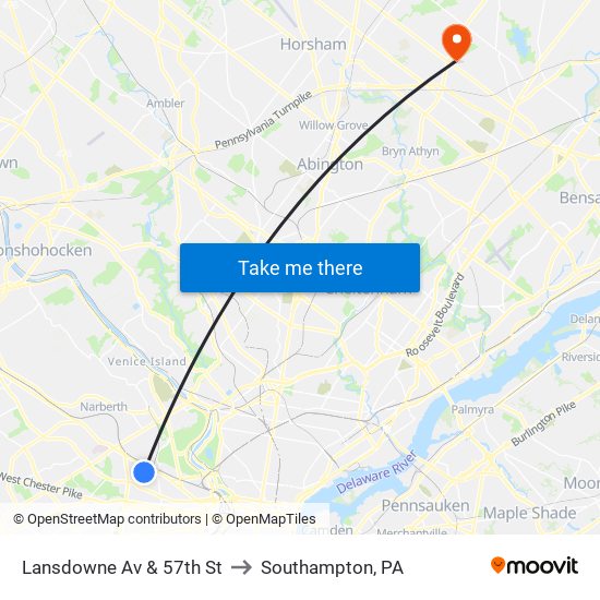 Lansdowne Av & 57th St to Southampton, PA map