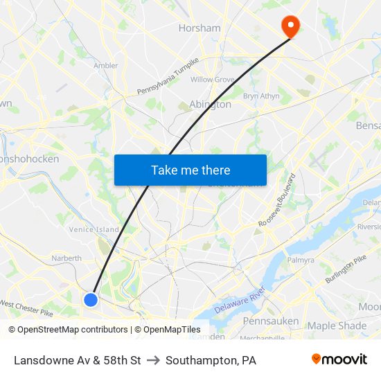 Lansdowne Av & 58th St to Southampton, PA map