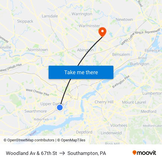 Woodland Av & 67th St to Southampton, PA map