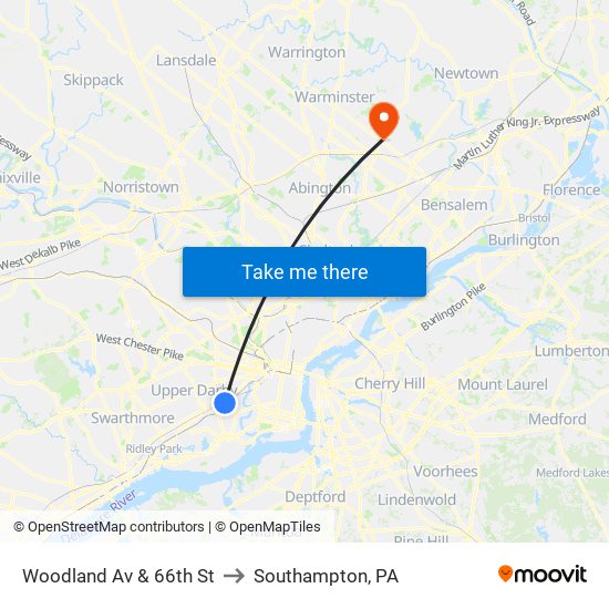 Woodland Av & 66th St to Southampton, PA map
