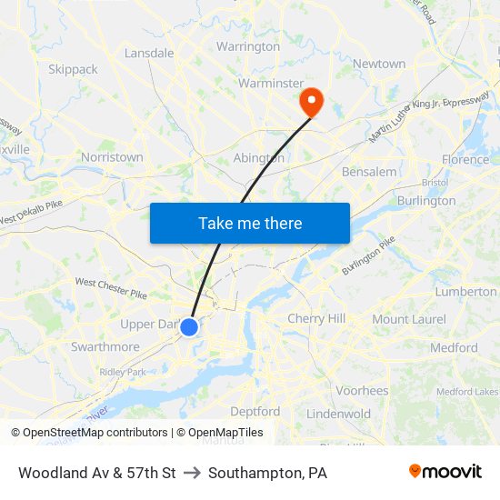 Woodland Av & 57th St to Southampton, PA map