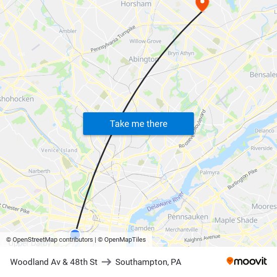 Woodland Av & 48th St to Southampton, PA map