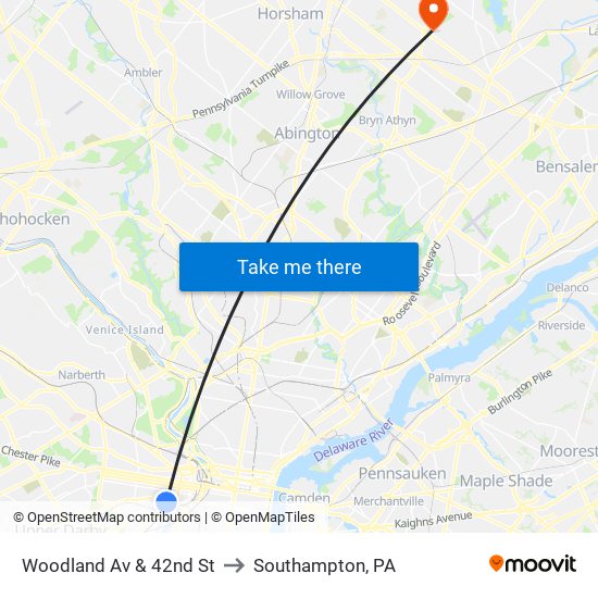 Woodland Av & 42nd St to Southampton, PA map