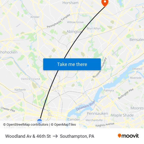 Woodland Av & 46th St to Southampton, PA map