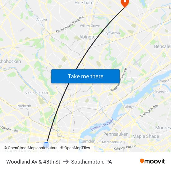 Woodland Av & 48th St to Southampton, PA map