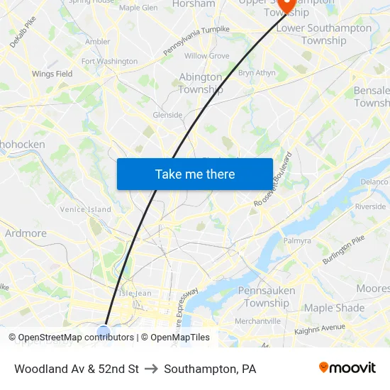 Woodland Av & 52nd St to Southampton, PA map