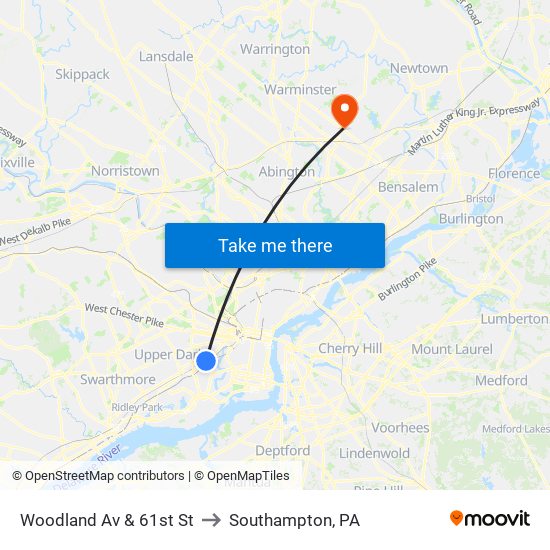 Woodland Av & 61st St to Southampton, PA map