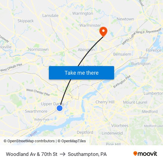 Woodland Av & 70th St to Southampton, PA map