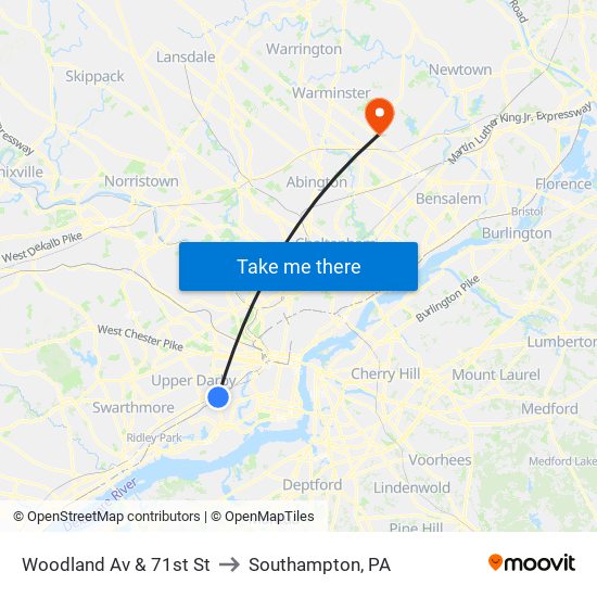 Woodland Av & 71st St to Southampton, PA map