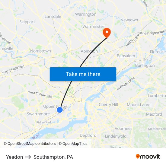 Yeadon to Southampton, PA map
