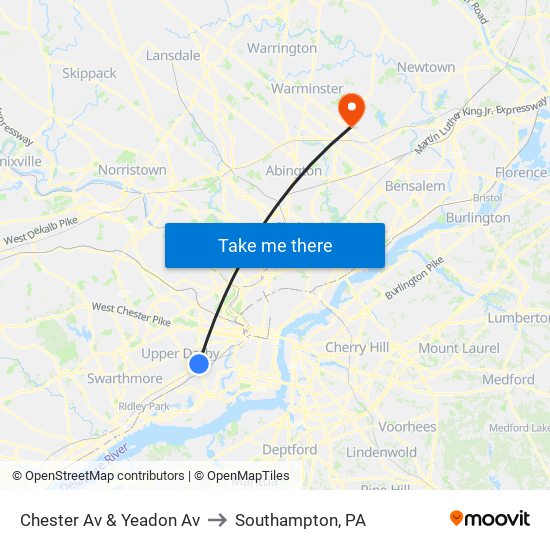 Chester Av & Yeadon Av to Southampton, PA map